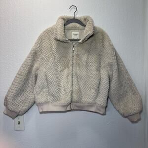 Abercrombie & Fitch Faux Fur Teddy Bomber Jacket Cream Sz S Neutral Textured